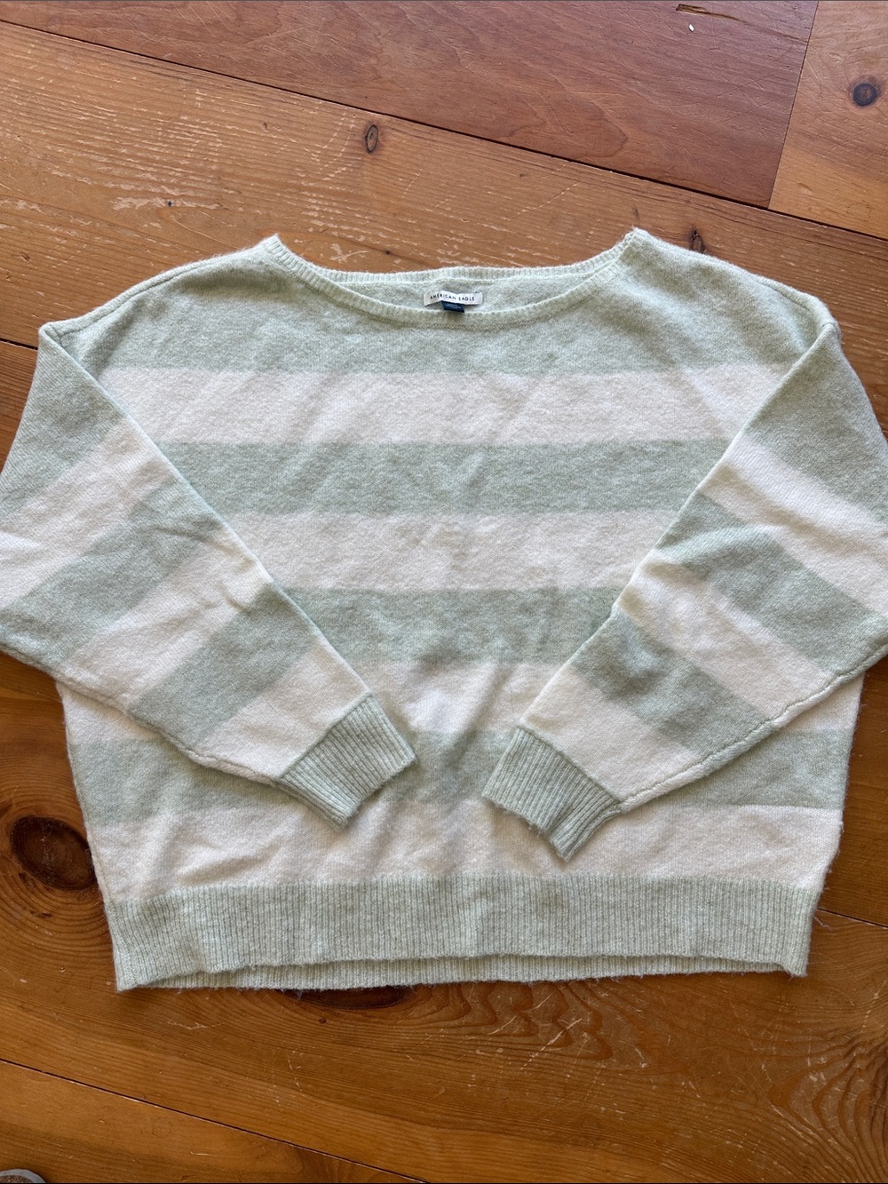 American Eagle Outfitters Soft Striped Crewneck Sweater - Sage & Cream